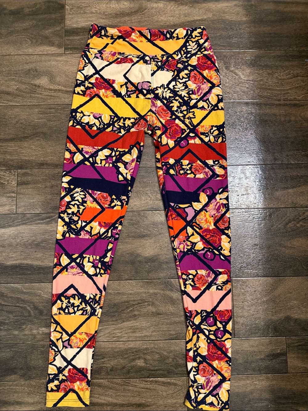 LuLaRoe Bold Yellow, Purple, Pink & Orange Floral Geometric Leggings